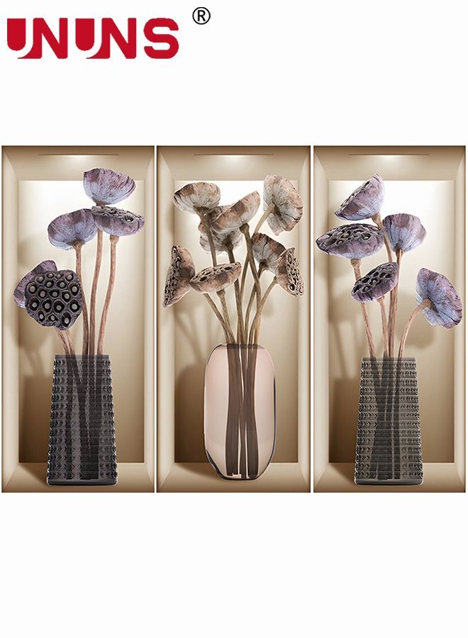 UNUNS 3-Piece 3D Vase Flowers Wall Sticker,Self-adhesive Plant Dried Vase Simulation Wall Sticker,For Bedroom Room Decoration,22cmx50cmx3 - Image 2