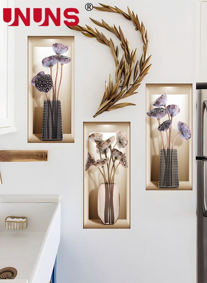 UNUNS 3-Piece 3D Vase Flowers Wall Sticker,Self-adhesive Plant Dried Vase Simulation Wall Sticker,For Bedroom Room Decoration,22cmx50cmx3 - Image 5