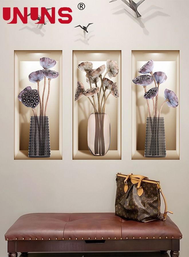 UNUNS 3-Piece 3D Vase Flowers Wall Sticker,Self-adhesive Plant Dried Vase Simulation Wall Sticker,For Bedroom Room Decoration,22cmx50cmx3 - Image 3