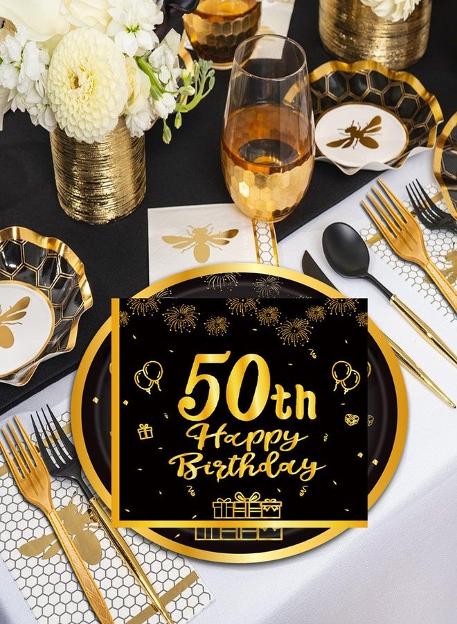 LDFDRT 60pcs 50th Birthday Party Paper Plates and Napkins Forks Black Gold Dessert Cake Plates Party Decorations Supplies Serves 20 Guest - Image 2