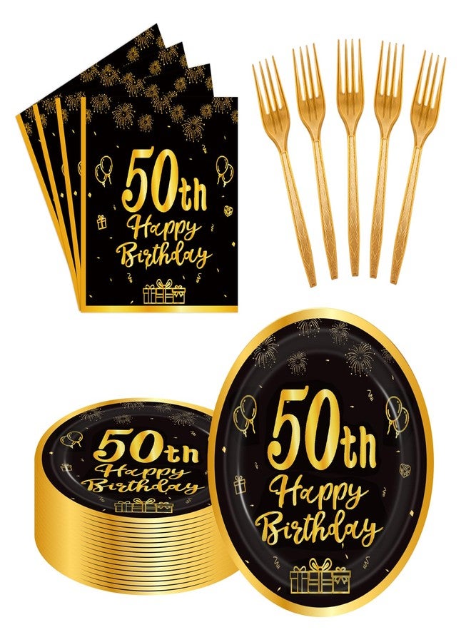 LDFDRT 60pcs 50th Birthday Party Paper Plates and Napkins Forks Black Gold Dessert Cake Plates Party Decorations Supplies Serves 20 Guest - Image 1