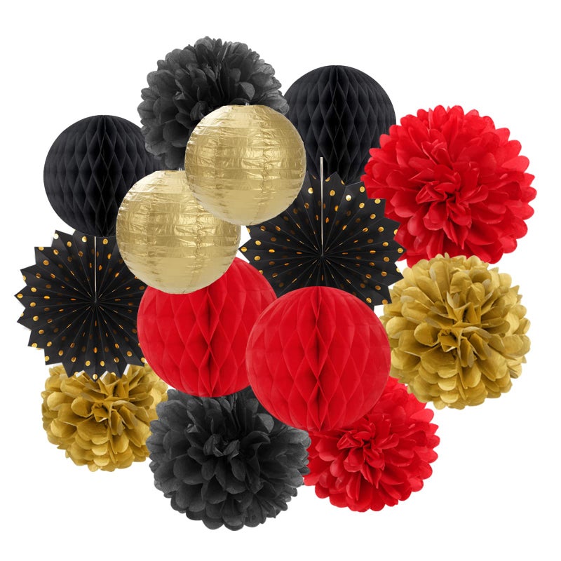 OURUOLA RedBlack Gold Party Decorations Streamers Lanterns  14pcs CasinoTheme Graduation 2025 Paper FanGame Night Wedding Birthday Baby Bridal Shower Tissue Pom PomsHoneycomb Balls Decor Ouruola