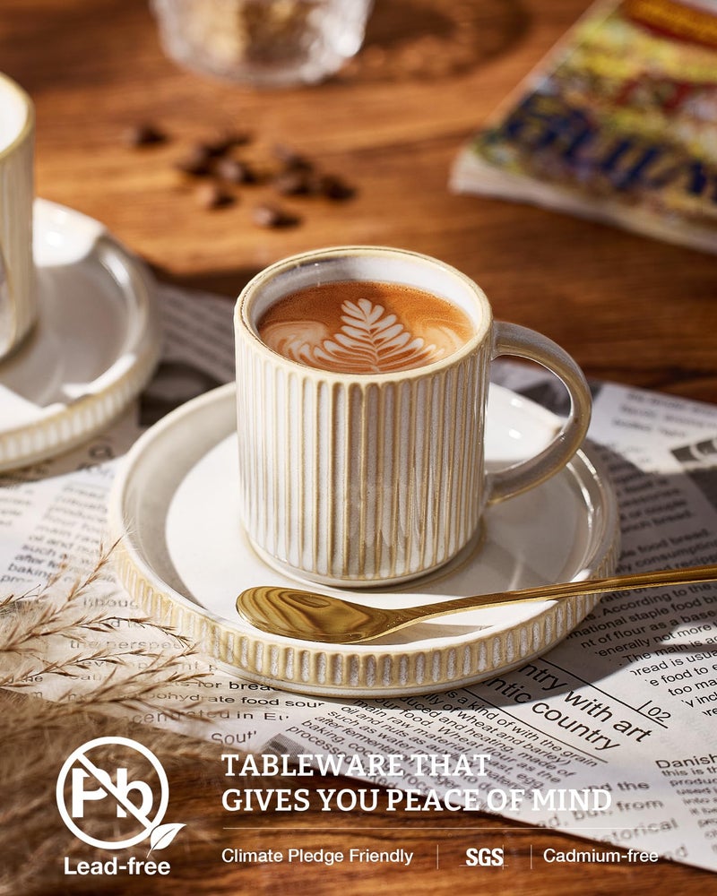 Famiware مجموعة فناجين وصحون فامي وير ستار إسبريسو من 4 قطع، [صغيرة] 3 أونصات فنجان قهوة سيراميك صغير مع مقبض، فنجان ديميتاس من الحجر المزخرف للشاي، لاتيه - آمن للاستخدام في الميكروويف وغسالة الصحون - كابتشينو أبيض - Image 2