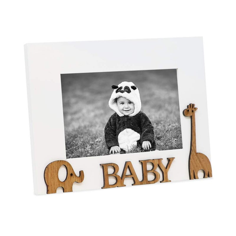 Isaac Jacobs Wood Sentiments â€œBabyâ€ Picture Frame, 4x6 inch, Photo Gift for Family, Tabletop, Desktop Display & Wall Display, Animal Cutout Details (White) - Image 1