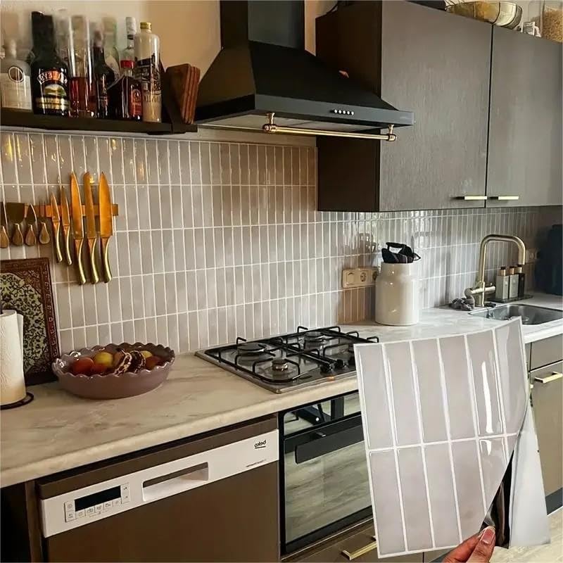 Heikki 20-Piece Kitchen Splash Guard Stickers, Peel-and-Stick Tile Splashbacks for Kitchen Islands, Bathrooms, Laundry Rooms, RVs, and Rental Spaces, 11.43 × 9 inches (Beige) - Image 1