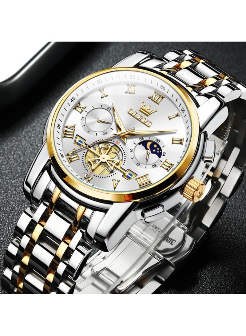 أوليفز OLEVS ساعة رجالية جودة التناظرية الكوارتز الفولاذ المقاوم للصدأ مقاوم للماء كرونوغراف مضيئة الأعمال عادية فستان فاخر وجه كبير ساعات المعصم - Image 3