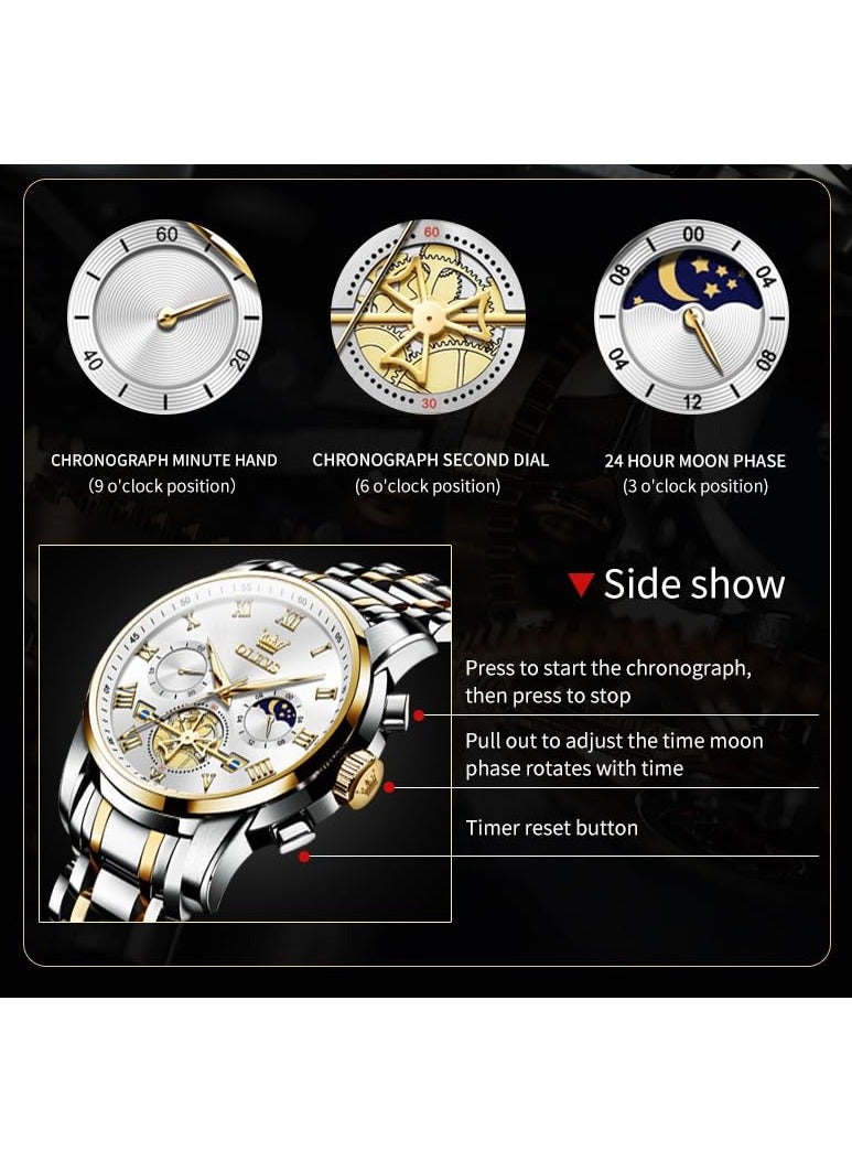 أوليفز OLEVS ساعة رجالية جودة التناظرية الكوارتز الفولاذ المقاوم للصدأ مقاوم للماء كرونوغراف مضيئة الأعمال عادية فستان فاخر وجه كبير ساعات المعصم - Image 5