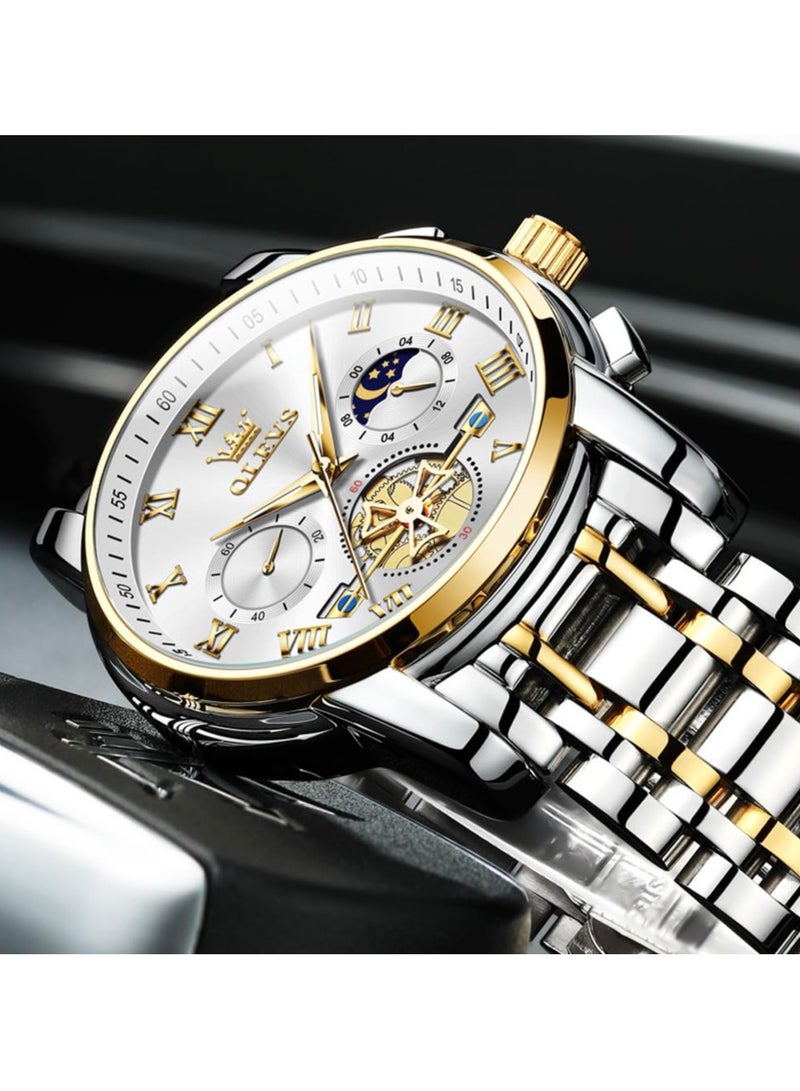 أوليفز OLEVS ساعة رجالية جودة التناظرية الكوارتز الفولاذ المقاوم للصدأ مقاوم للماء كرونوغراف مضيئة الأعمال عادية فستان فاخر وجه كبير ساعات المعصم - Image 4