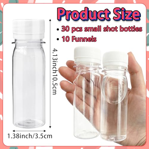 Haawooky 30 Pcs 2oz Small Plastic Shot Bottles with White Caps,Round Juice Bottles with 10 Funnels,Reusable Clear Beverage Containers for Drink Milk Beer Coffee Liquid - Image 2
