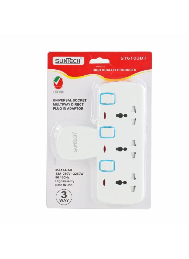 SUNTECH Universal Socket 3Way Direct Plug In Adaptor
 | Individual Switches |Indicator Lights| Child Safety Shutters |Fire-Resistant Materials | Bs Plug |3250W | Esma Certified St6103Bt  - Image 1