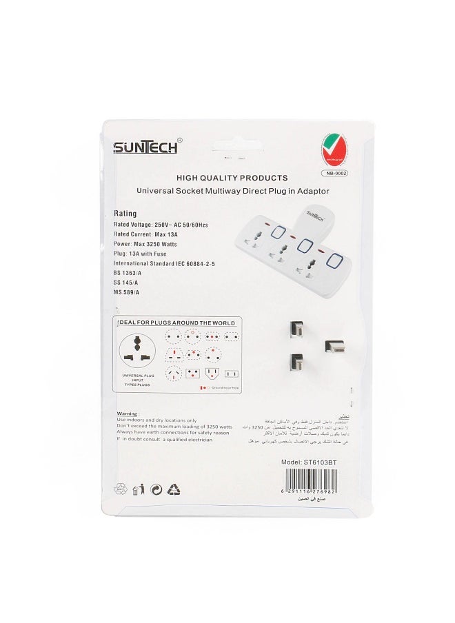 SUNTECH Universal Socket 3Way Direct Plug In Adaptor
 | Individual Switches |Indicator Lights| Child Safety Shutters |Fire-Resistant Materials | Bs Plug |3250W | Esma Certified St6103Bt  - Image 5