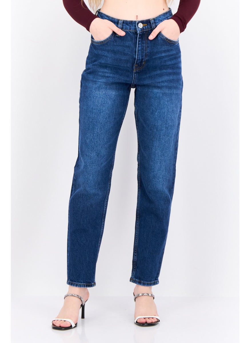 MANGO Women Mom Fit High Rise Ankle No Stretch Jeans, Navy  - Image 1