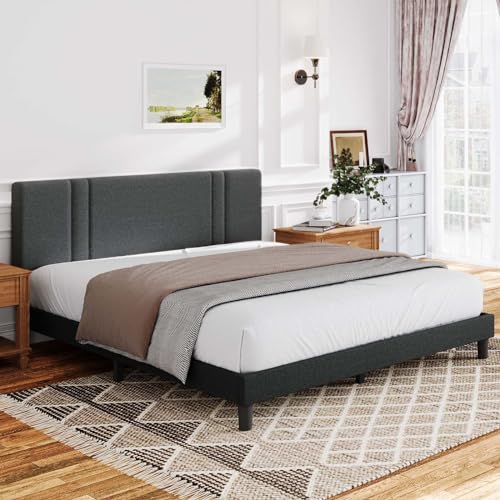 إطار سرير كوين من نوفيللا مع رأس سرير مبطن بحجم كوين مع رأس سرير قابل للتعديل بدون حاجة لربيع صندوقي أقدام قوية وسهلة التجميع رمادي داكن