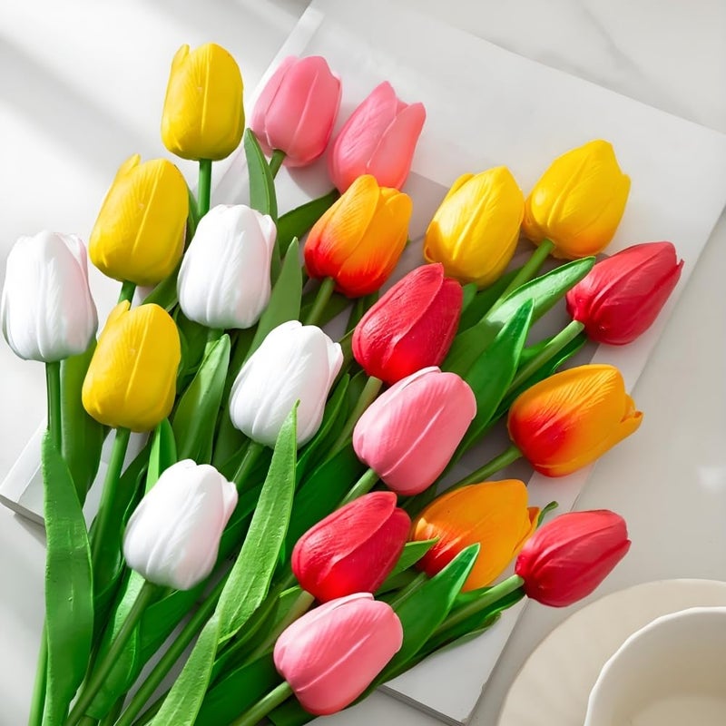 SHINE-CO LIGHTING PU Real Touch Tulips Artificial Flowers 20Pcs Flowers Arrangement Bouquet for Home Office Wedding Decoration (Multicolor) - Image 2