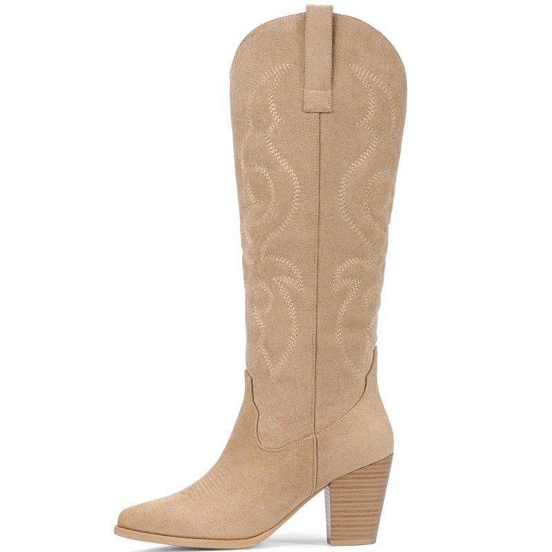 Pasuot Suede Cowboy Boots for Women - Western Knee High Cowgirl Boots with Side Zipper, Retro Pointed Toe Tall Block Heel Pull On Long Boot Fall Winter Concert Rodeo Festival Daily Khaki Size 8 - Image 4