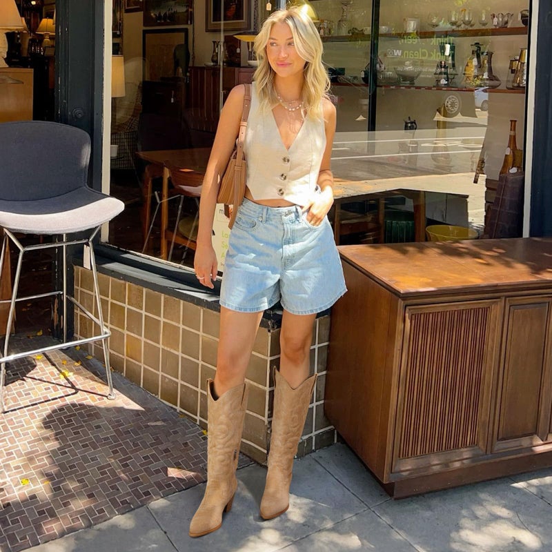 Pasuot Suede Cowboy Boots for Women - Western Knee High Cowgirl Boots with Side Zipper, Retro Pointed Toe Tall Block Heel Pull On Long Boot Fall Winter Concert Rodeo Festival Daily Khaki Size 8 - Image 2