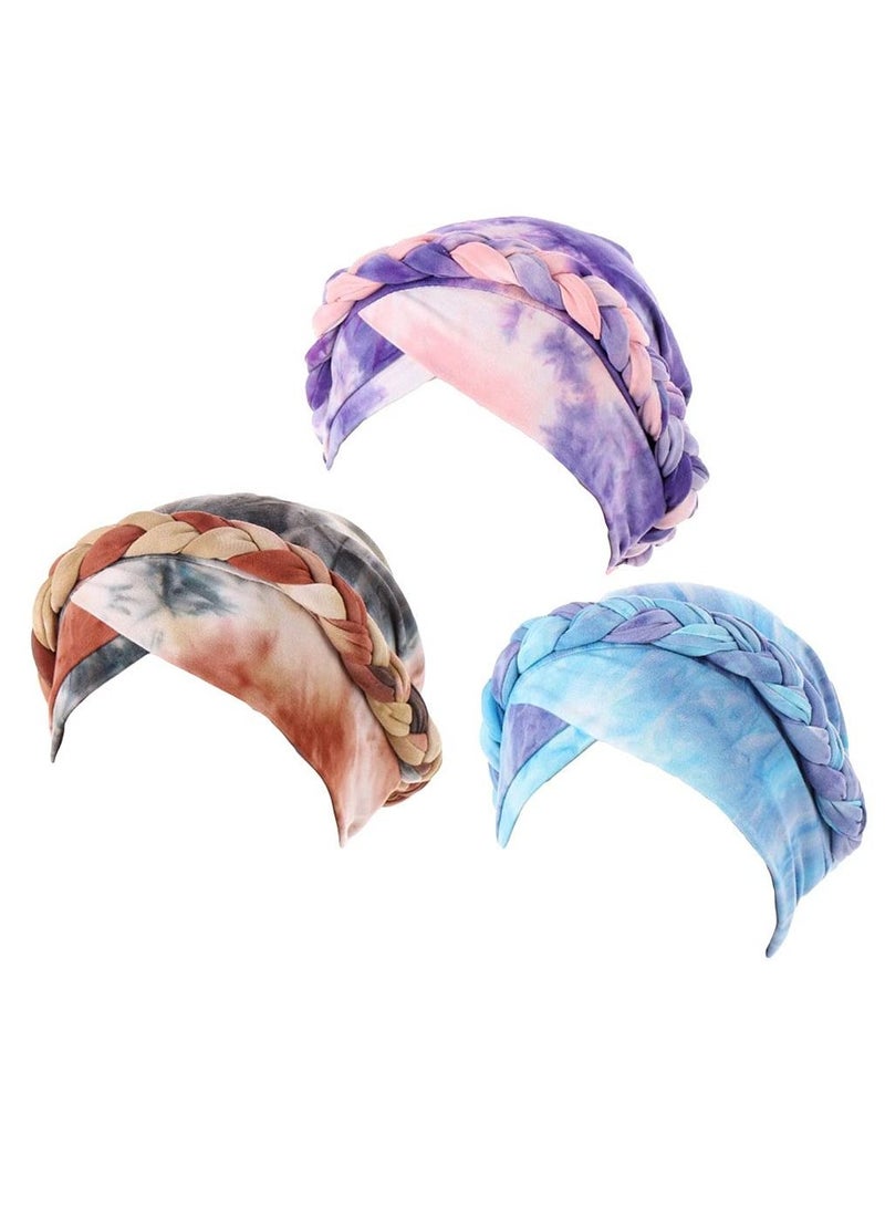NIBEMINENT Womens Printed Turban Hat Head Wraps Covers Chemo Cancer Beanies Cap Headwear, Tie-Dye Short Braid Wrap (3PCS) - Image 1
