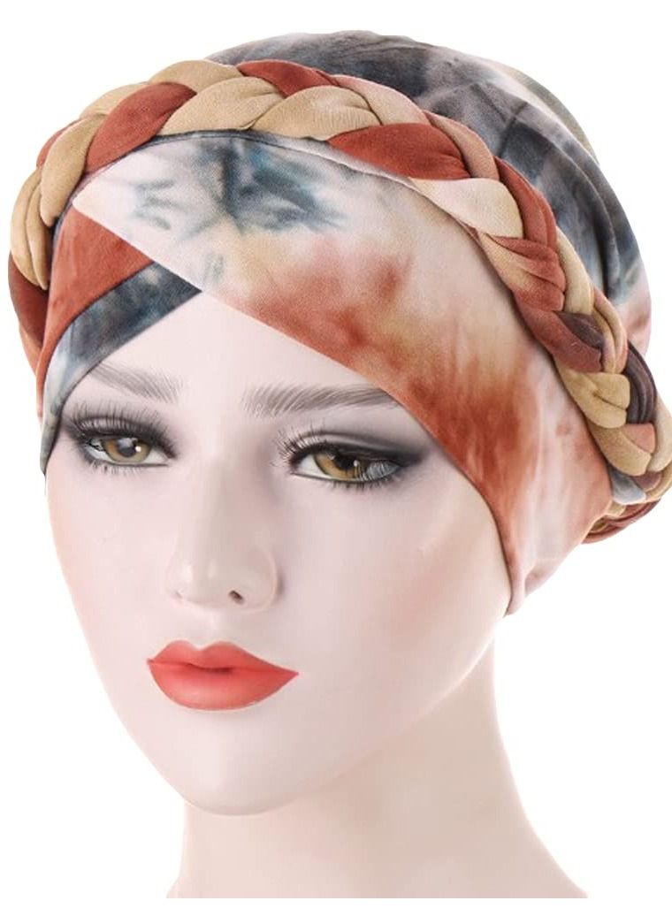 NIBEMINENT Womens Printed Turban Hat Head Wraps Covers Chemo Cancer Beanies Cap Headwear, Tie-Dye Short Braid Wrap (3PCS) - Image 3