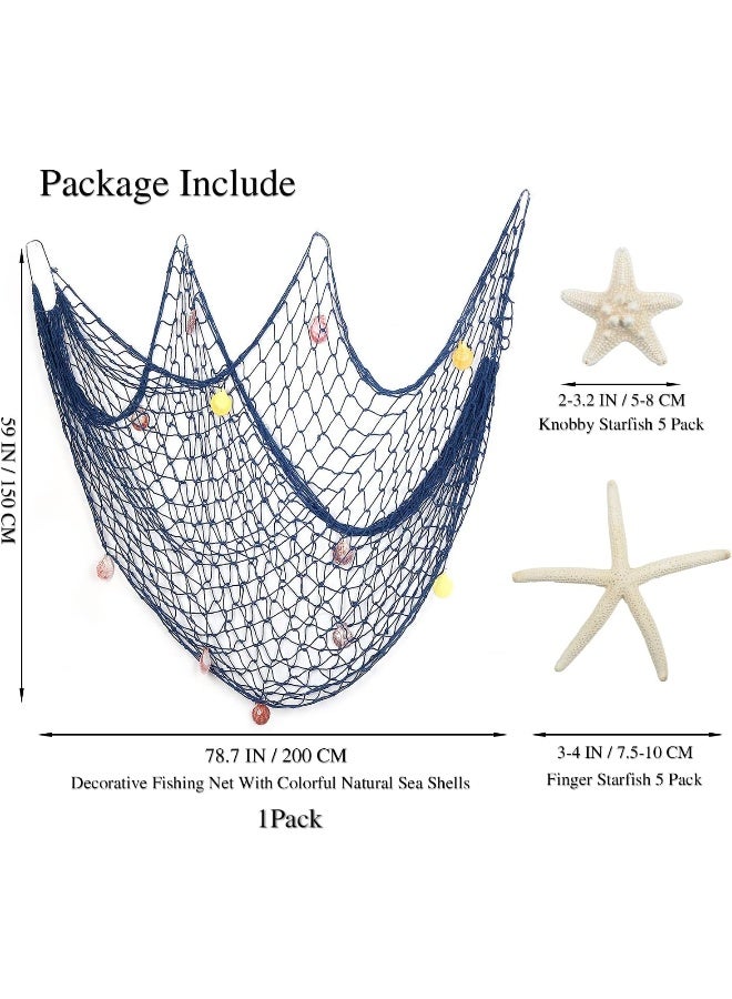 Fangoo 79 x 59 inch Nature Fish Net Wall Decoration with Colorful Sea Shells and 10 Pcs Natural Starfish Ocean Themed Mediterranean Style Fishing Net for Beach Party,Wedding,photography Wall Decoration - Image 2