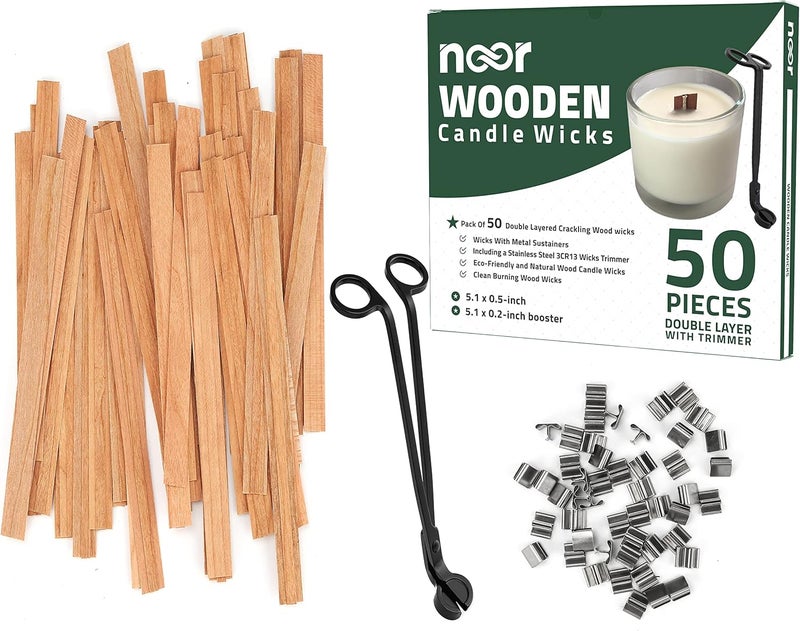 Noor 50 Pieces Smokeless Wooden Wicks with Trimmer for Candle Making and 5.1 X 0.2 inch Booster - 5.1 X 0.5 inch Crackling Wood Wick for DIY Candles with 50pcs Metal Clips - Image 1