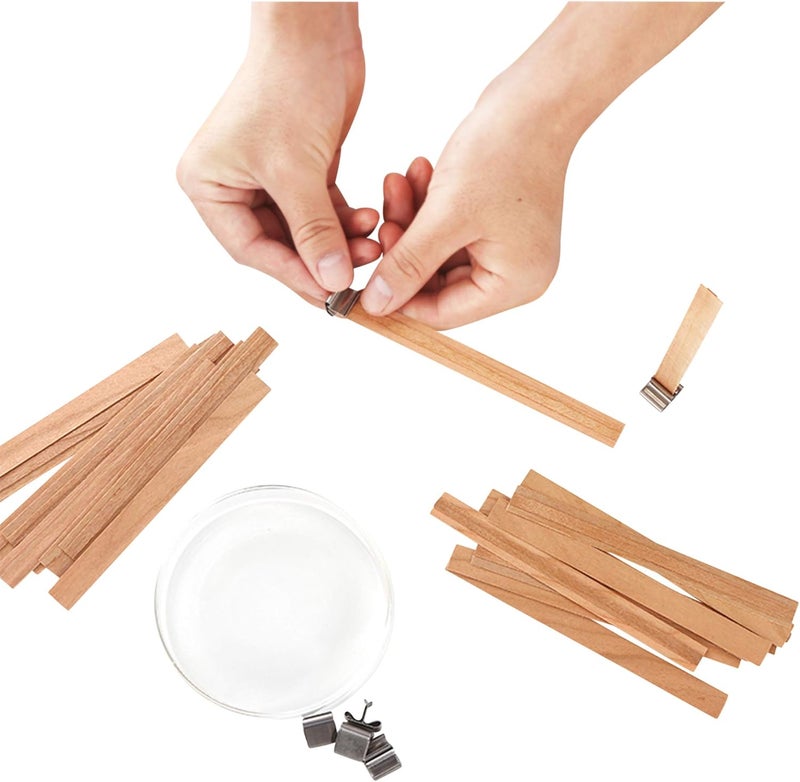 Noor 50 Pieces Smokeless Wooden Wicks with Trimmer for Candle Making and 5.1 X 0.2 inch Booster - 5.1 X 0.5 inch Crackling Wood Wick for DIY Candles with 50pcs Metal Clips - Image 4
