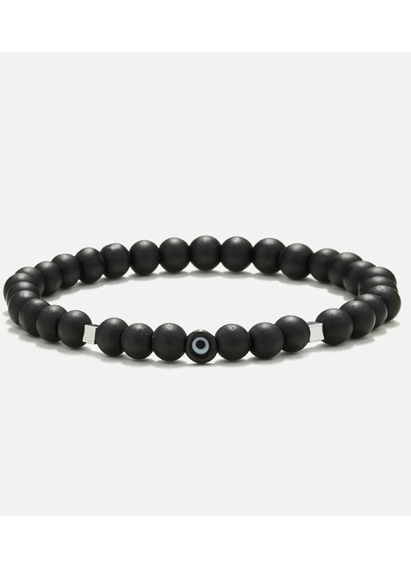 CHRYSOSTOMOS Handmade Beaded Bracelet with Onyx, Squared Hematite and Black Glass Evil Eye, Strong Elastic