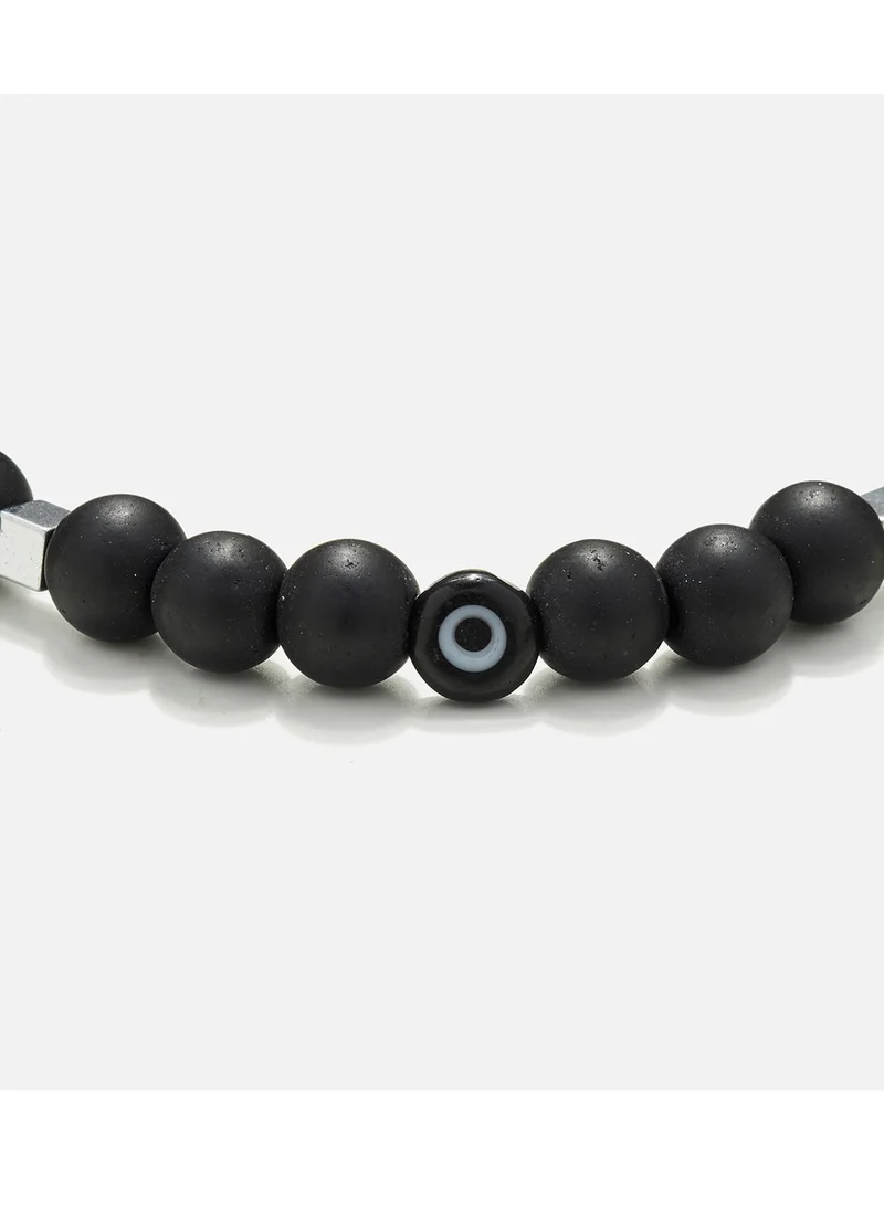CHRYSOSTOMOS Handmade Beaded Bracelet with Onyx, Squared Hematite and Black Glass Evil Eye, Strong Elastic