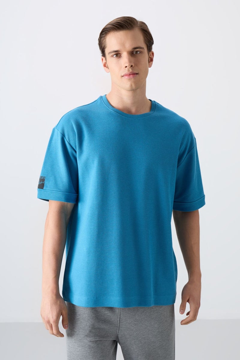 Tommy Life Petrol Blue Cotton Thick Surface Textured Oversize Fit Basic Men's T-Shirt - 88339  - Image 1