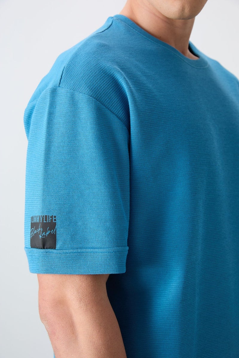 Tommy Life Petrol Blue Cotton Thick Surface Textured Oversize Fit Basic Men's T-Shirt - 88339  - Image 2
