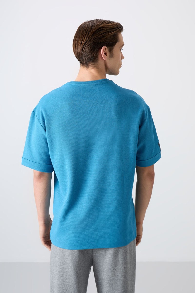 Tommy Life Petrol Blue Cotton Thick Surface Textured Oversize Fit Basic Men's T-Shirt - 88339  - Image 5