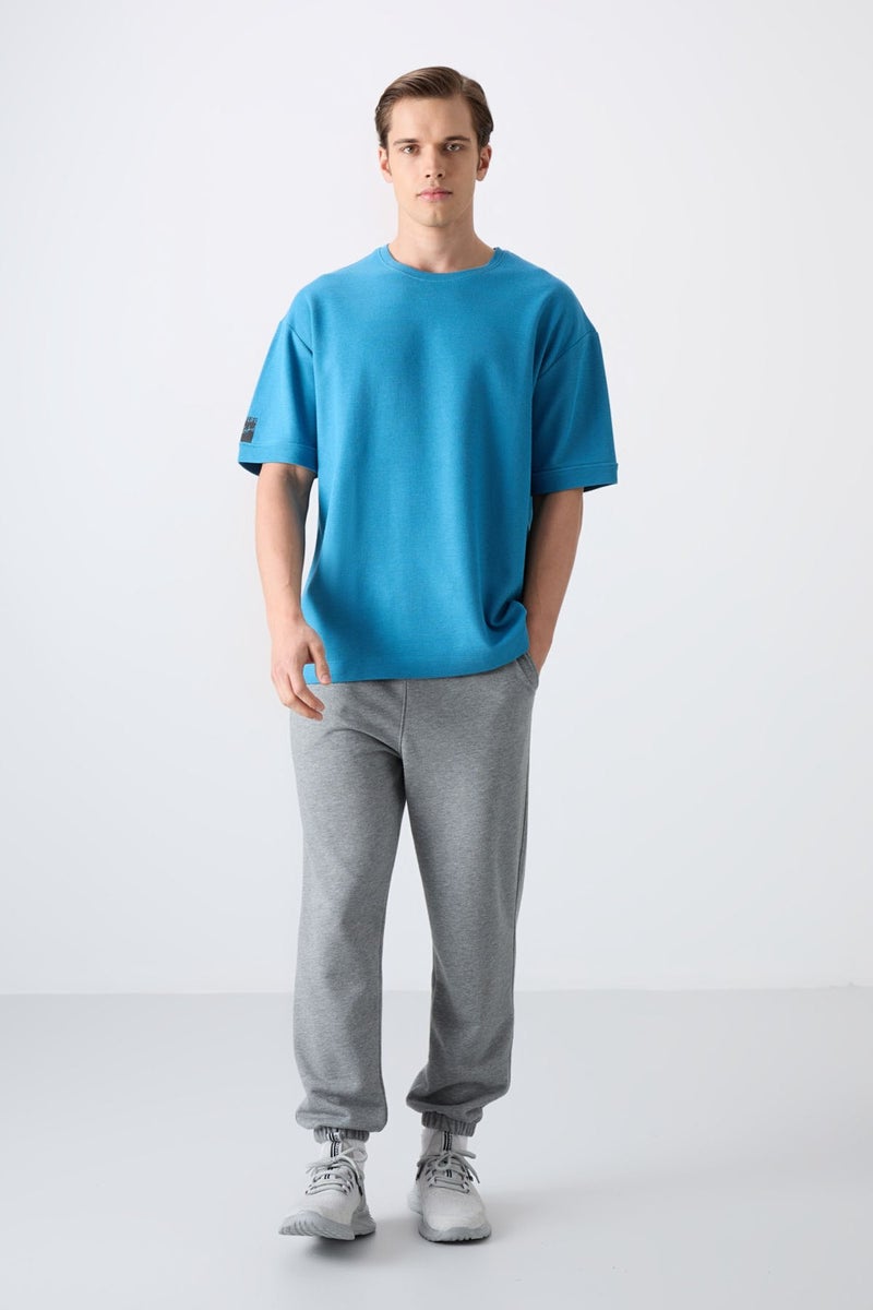 Tommy Life Petrol Blue Cotton Thick Surface Textured Oversize Fit Basic Men's T-Shirt - 88339  - Image 3