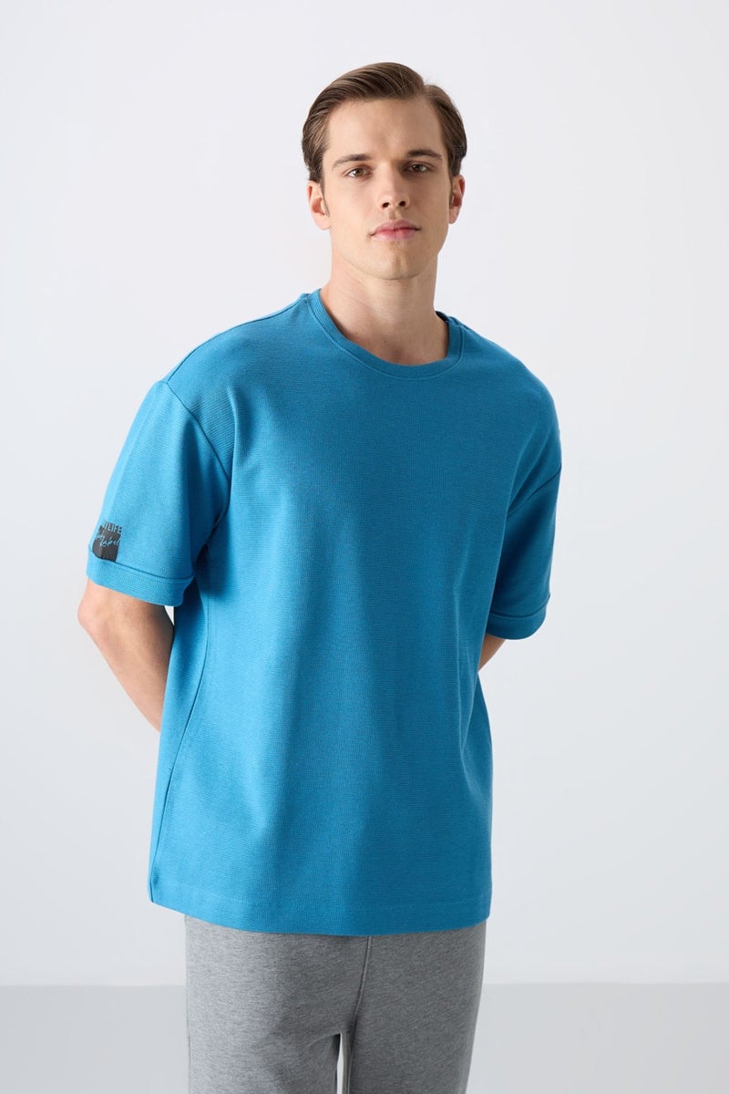 Tommy Life Petrol Blue Cotton Thick Surface Textured Oversize Fit Basic Men's T-Shirt - 88339  - Image 4