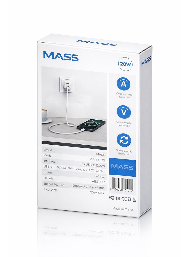 ماس شاحن Mass MA-HC03 PD 20W GAN Mini الذكي السريع للاتحاد الأوروبي مع كابل USB-C إلى USB-C، طوله متر واحد، أبيض | ضمان لمدة 12 شهرًا - Image 2