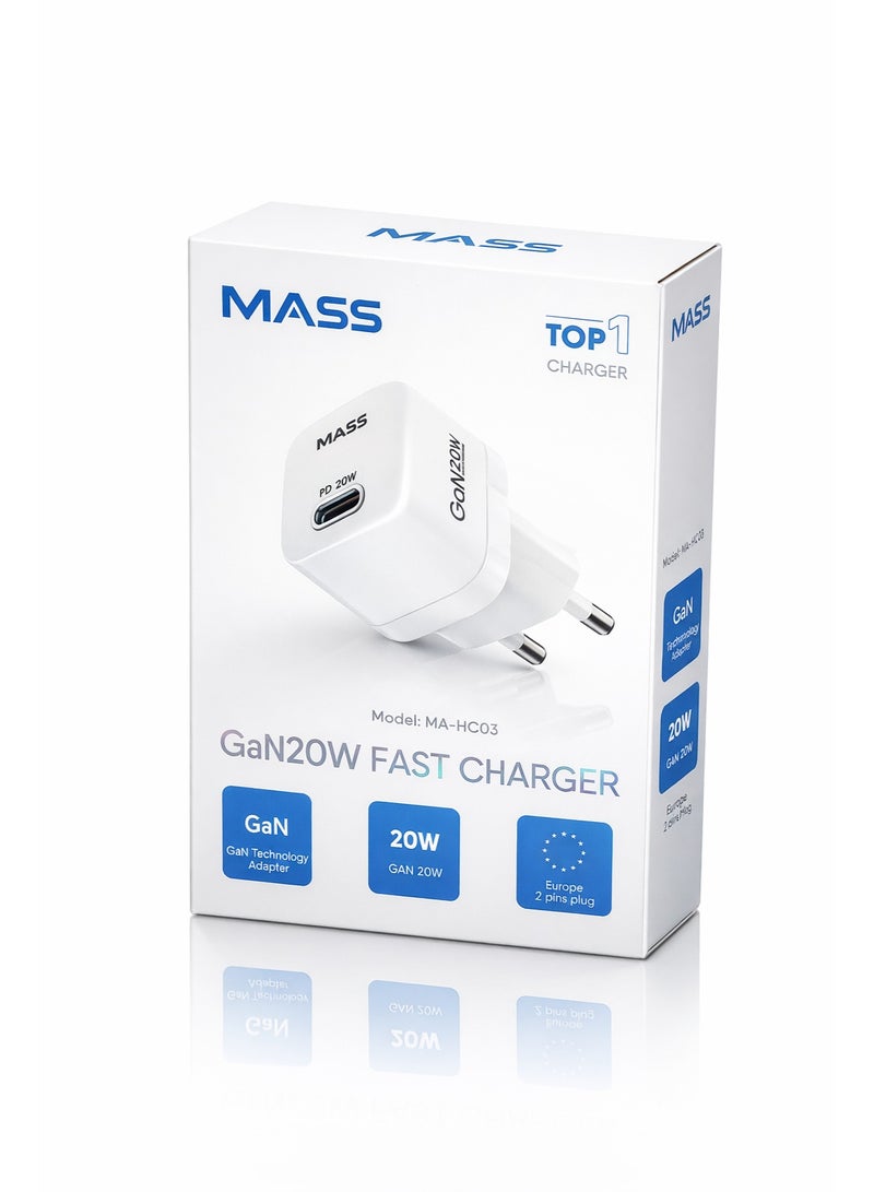 ماس شاحن Mass MA-HC03 PD 20W GAN Mini الذكي السريع للاتحاد الأوروبي مع كابل USB-C إلى USB-C، طوله متر واحد، أبيض | ضمان لمدة 12 شهرًا - Image 1