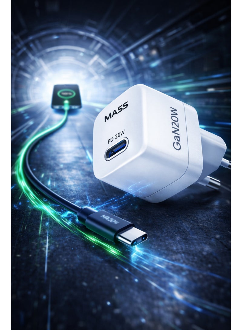 ماس شاحن Mass MA-HC03 PD 20W GAN Mini الذكي السريع للاتحاد الأوروبي مع كابل USB-C إلى USB-C، طوله متر واحد، أبيض | ضمان لمدة 12 شهرًا - Image 5