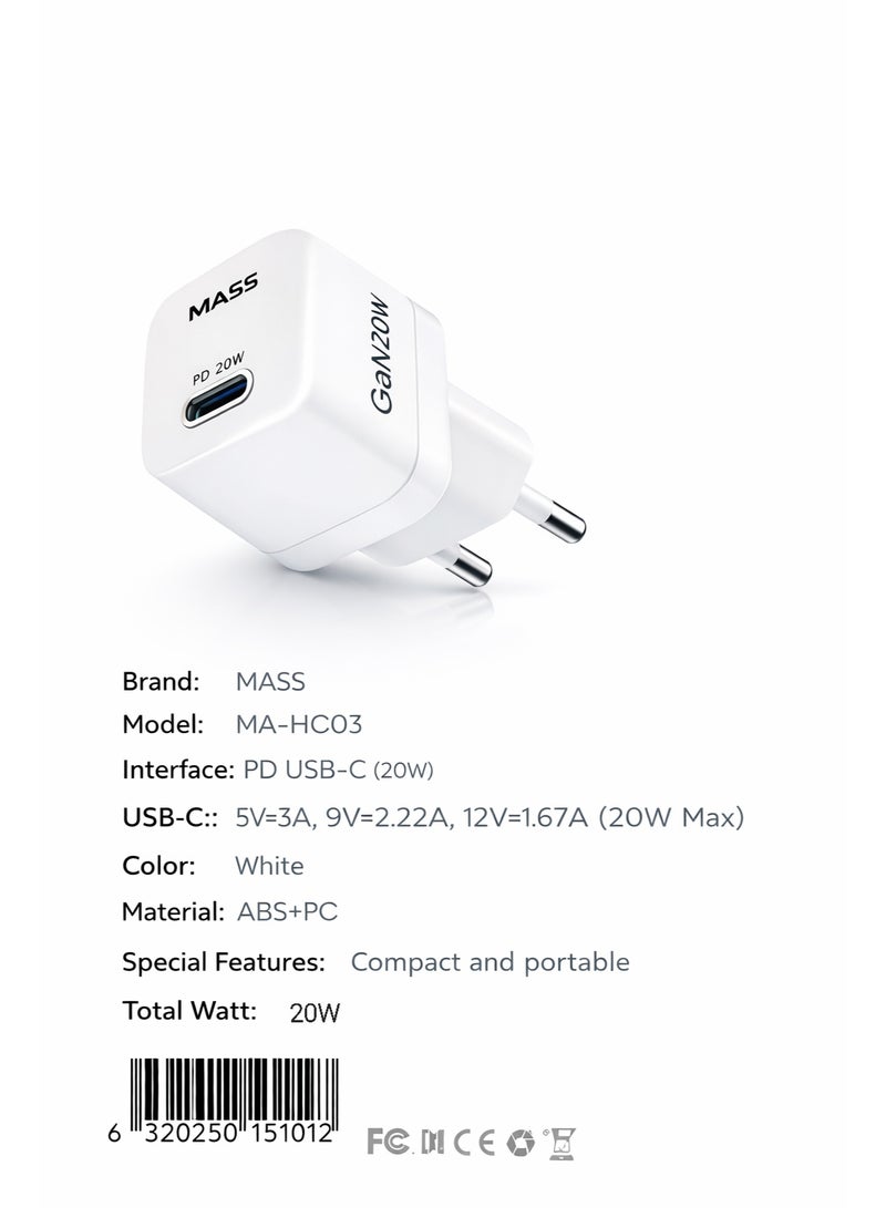 ماس شاحن Mass MA-HC03 PD 20W GAN Mini الذكي السريع للاتحاد الأوروبي مع كابل USB-C إلى USB-C، طوله متر واحد، أبيض | ضمان لمدة 12 شهرًا - Image 4