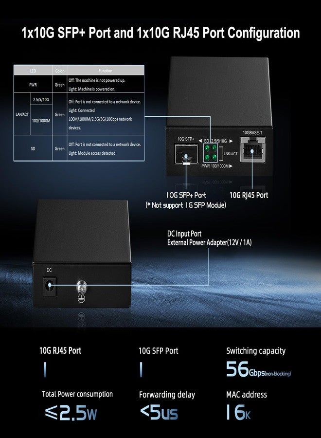 Binardat 2 Port 10 Gigabit Ethernet Switch, 1 x 10G RJ45 Port, 1 x 10G SFP Port, Metal Case Unmanaged Plug and Play - Image 3