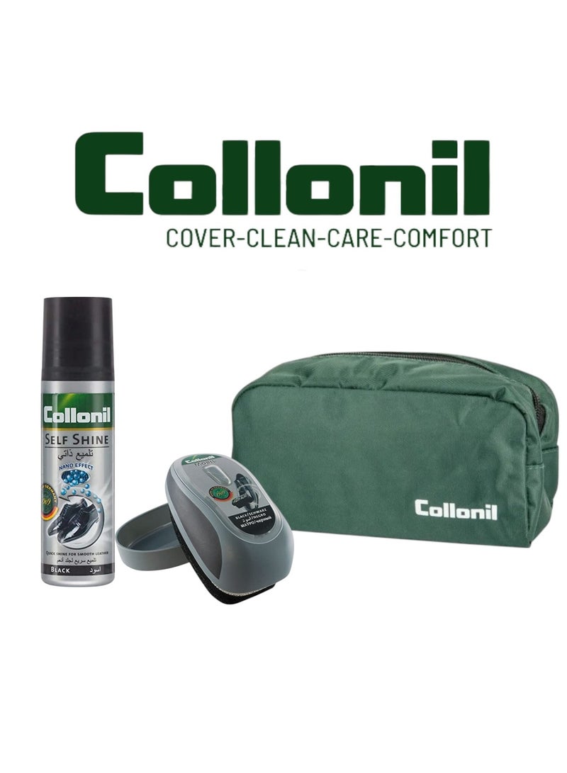 Collonil Collonil Value Pack – Instant Shine Kit with Mobil Sponge Black, Self Shine Polish & Free Travel Bag - Image 1