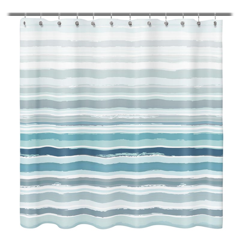 Sunlit Ombre Teal Textured Slubbed Fabric Shower Curtain  Teal Blue and White Stripe Shower Curtains for Bathroom Decoration  Wave Striped Bathroom Curtains  71x71 - Image 1