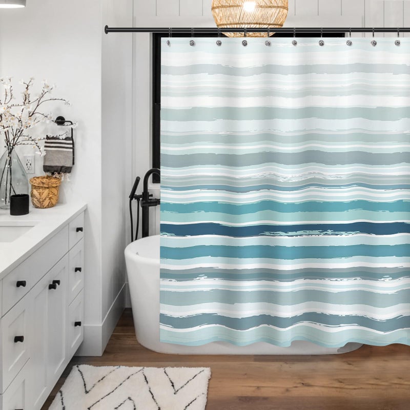 Sunlit Ombre Teal Textured Slubbed Fabric Shower Curtain  Teal Blue and White Stripe Shower Curtains for Bathroom Decoration  Wave Striped Bathroom Curtains  71x71 - Image 3