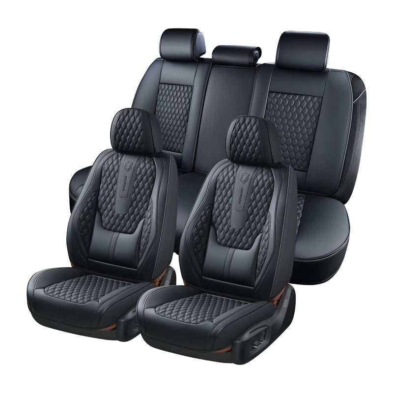 Coverado Car Seat Covers Full Set Black Seat Covers for Car with Lumbar Support Nappa Leather Seat Covers Waterproof Car Seat Protectors Universal Fit for Most Cars SUV Trucks