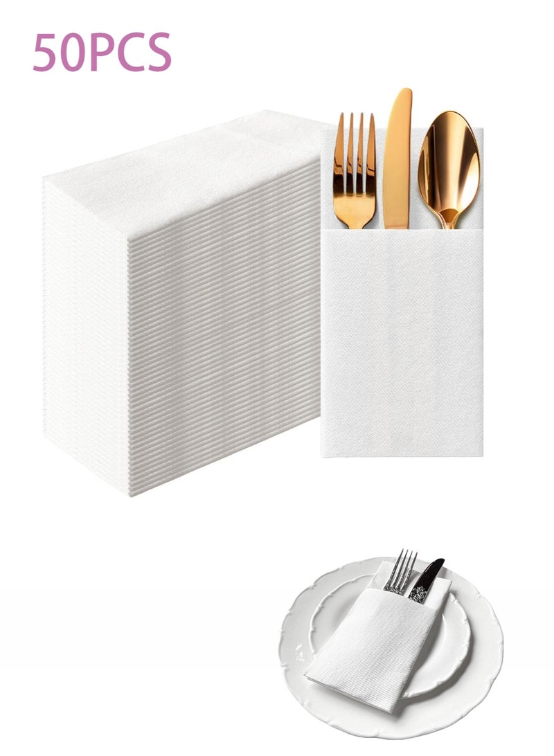 50 قطعة قماش يمكن التخلص منها مثل المناديل ، جيب أدوات مائدة مدمج ، بياضات حفل زفاف يشعر منديل أبيض ، مطوي مسبقا للأواني الفضية ، 16 * 16 بوصة ، أبيض - Image 1
