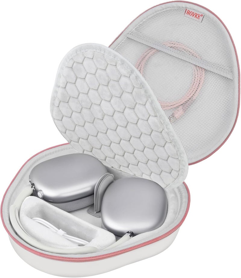بوفك حقيبة الصلبة مع وضع السكون لسماعات Apple AirPods Max 2 / AirPods Max اللاسلكية فوق الأذن، حامل ذكي محمول لـ AirPods Max 2 / Max، جيب شبكي لإكسسوارات السماعات، أبيض وردي ذهبي - Image 1