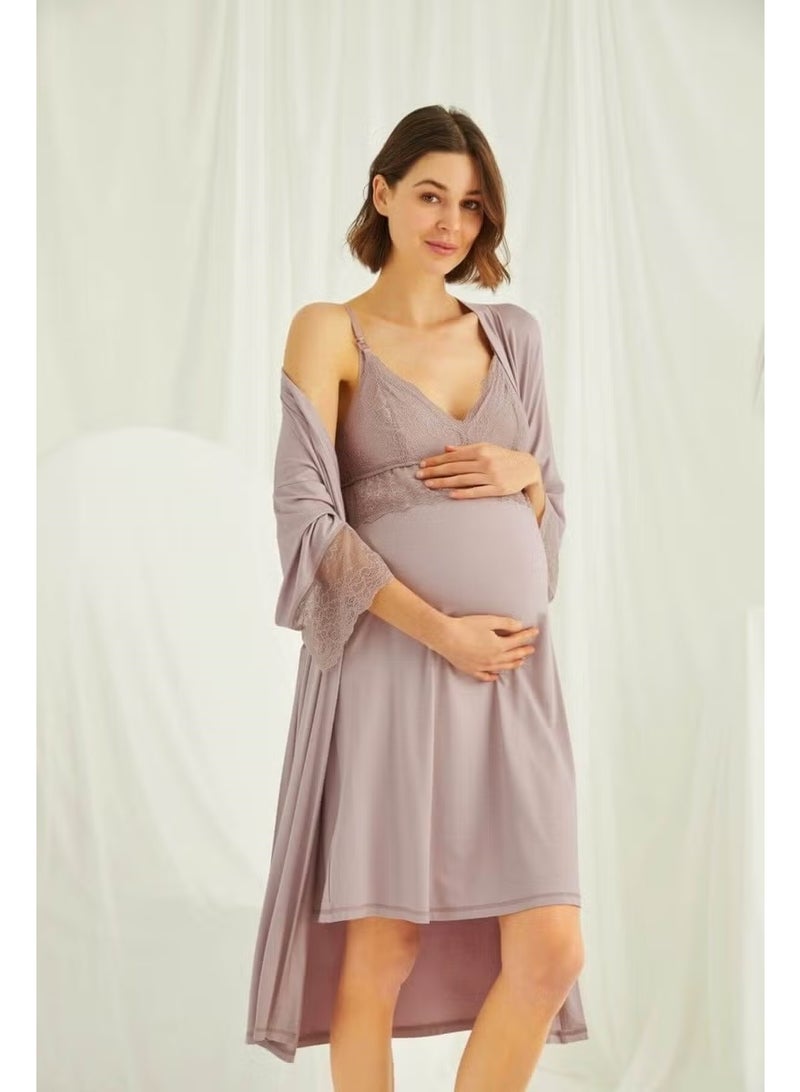 Monamise Women's Mink Adjustable Strap Breastfeeding Lace Maternity Maternity Dressing Gown Nightgown Set - Image 3