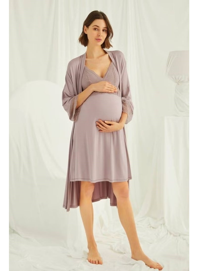 Monamise Women's Mink Adjustable Strap Breastfeeding Lace Maternity Maternity Dressing Gown Nightgown Set - Image 5