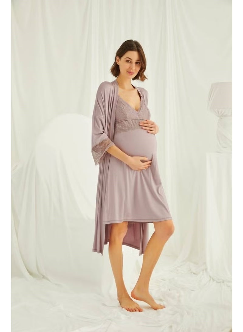 Monamise Women's Mink Adjustable Strap Breastfeeding Lace Maternity Maternity Dressing Gown Nightgown Set - Image 1