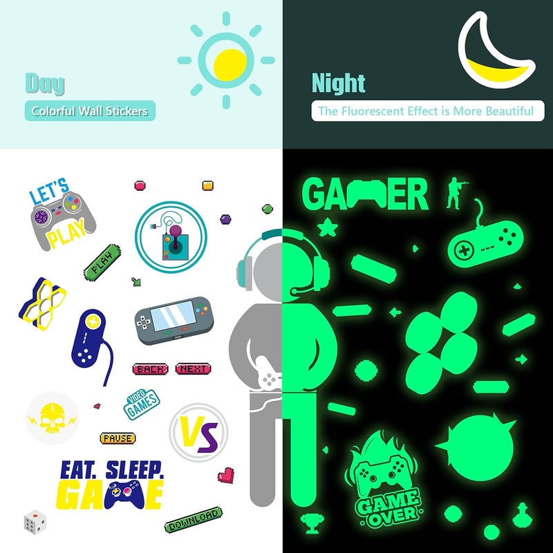 klarako 4 Sheets Gamer Wall Sticker Glow in The Dark Gamer Wall Decals Boy Children Video Game Room Decor Gaming Controller Wall Stickers Removable Wall Art for Kids Men Playroom Living Room - Image 3
