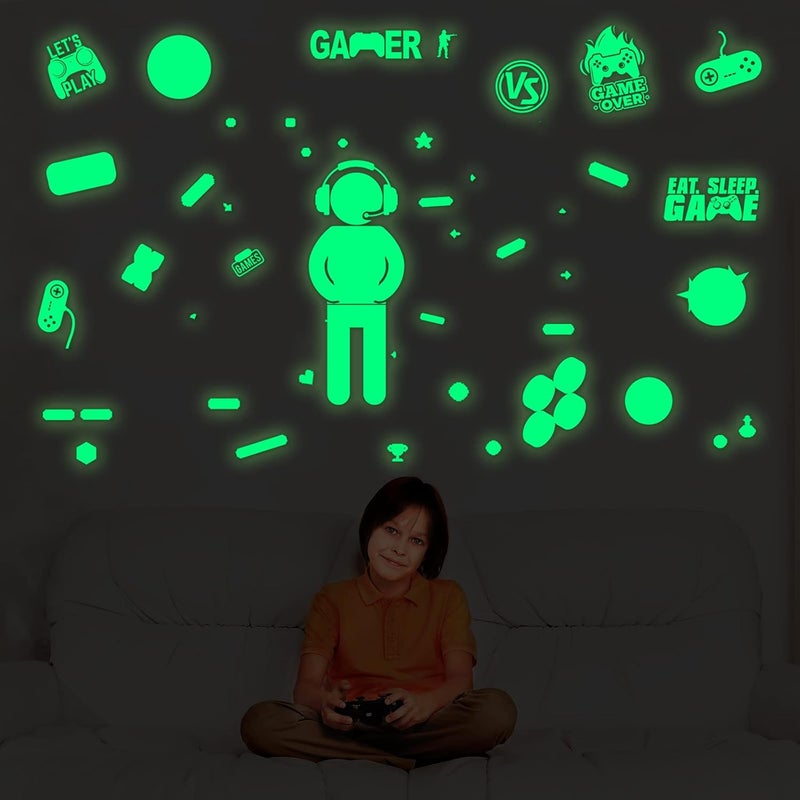 klarako 4 Sheets Gamer Wall Sticker Glow in The Dark Gamer Wall Decals Boy Children Video Game Room Decor Gaming Controller Wall Stickers Removable Wall Art for Kids Men Playroom Living Room - Image 5