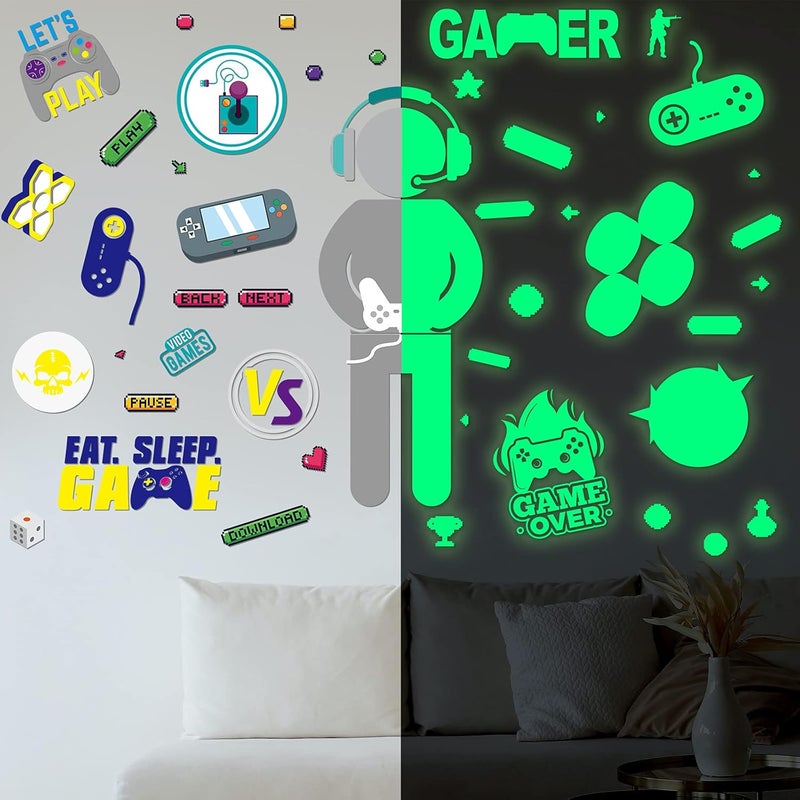 klarako 4 Sheets Gamer Wall Sticker Glow in The Dark Gamer Wall Decals Boy Children Video Game Room Decor Gaming Controller Wall Stickers Removable Wall Art for Kids Men Playroom Living Room - Image 1