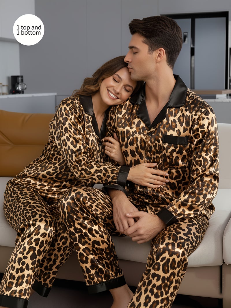 [Men/Women] Couple Style Pajamas, Men'S Or Women‘S, Leopard Print Long Sleeve Button-Up Top and Pants, 1 Top And 1 Bottom, Causal Homewear,Valentine’s Day - Image 4